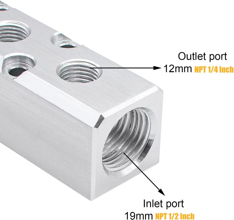 MARSTEK Air Manifold, 2 Way 4 Port Air Compressor Manifold, Aluminum Air Hose Inline Manifold Block Splitter, Pneumatic Manifold Air Distribution Block, NPT 1/2 Inch Supply Port, NPT 1/4 Inch Output Port - Image 2